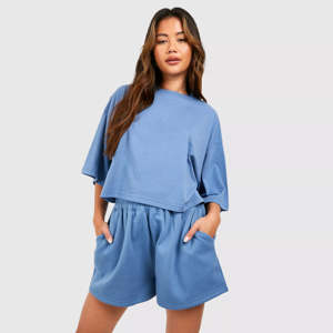 Conjunto de Top Corto y Pantalones Cortos Holgados con Cuello Redondo para Mujer, Manga Corta con Hombros Caídos, Transpirable, 100% Algodón, Estilo Urbano, Verano - Product Image 4