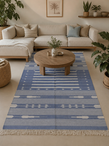 Indian Handmade Cotton Flat Weave Area <b>Rug</b> Blue <b>White</b> Striped Tribal Geometric Kilim Dhurrie Carpet with Fringe for Living Room - Product Image 1