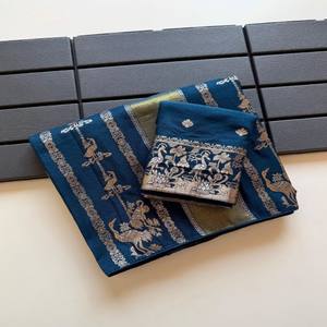 Sari VASTRA COTTAGE Premium de Tela Chinya Pura, Viscosa Georgette, Jacquard con Hilos Plateados y Dorados, Tejido Rico, Pallu Teñido a Mano - Product Image 1