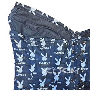 Corset en satin noir et blanc, style mode, avec baleines en acier, imprimé Playboy Bunny, à fermeture frontale. - Product Image 5