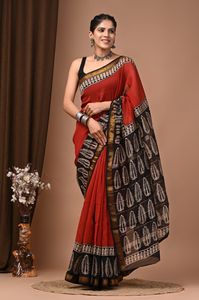 Sari en soie Maheshwari pure imprimé à la main avec pièce de blouse – Élégant soie Maheshwari pure – Vêtement ethnique imprimé à la main - Product Image 3