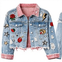 Jaket denim wanita bergaya Gothic Y2K, longgar, motif leopard, kasual, dengan logo custom, asimetris, jacquard, berikat pinggang, berumbai, lengan panjang, dan berhiaskan rhinestones.