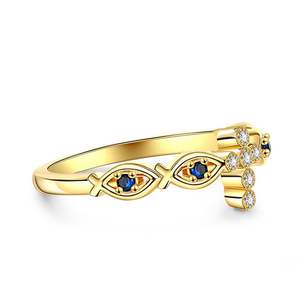 Jeulia Sterling <b>Silver</b> <b>Ring</b> with Golden Fish and <b>Cross</b> Design - Product Image 2
