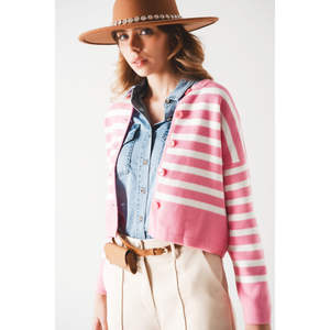 Cárdigan Ligero de Rayas Rosas para Otoño y Primavera con Bordado y Decoración de Botones, Prenda Larga - Product Image 4