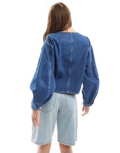 Women Denim Jacket Collarless <b>Balloon</b> Sleeve Indigo Wash Round Neck Midseason Layering Button Placket Wholesale Casual Chic - Product Image 3