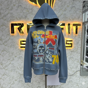 Sudadera con Capucha y Cremallera, Estilo Desgastado, con Pedrería, Lavado Ácido, para Hombre, Ropa Urbana de Forro Polar, Servicios OEM de Bajo Costo y Buen Material - Product Image 3