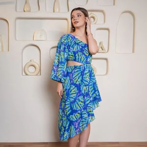 เดรสแขนพองคอพิมพ์ลายสำหรับผู้หญิง, เดรสยาวปานกลางใส่สบาย - Product Image 1