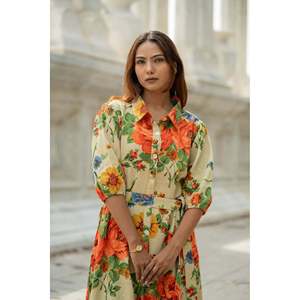 Women's <b>Boho</b> Floral Midi Long <b>Summer</b> Tunic Handblock Printed Cotton Waffle <b>Dress</b> Soft Colors Natural Button Closure Ethical Gift - Product Image 1