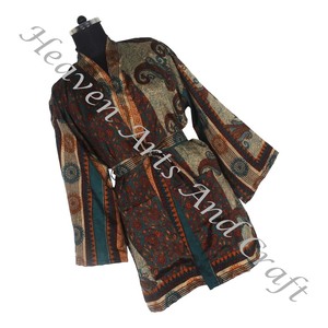KS010 Beautiful Vintage Silk Sari Floral Jacket Bohemian Winter Short Hand Made With Belt Closer Vintage Sari Kimono Short - Product Image 5