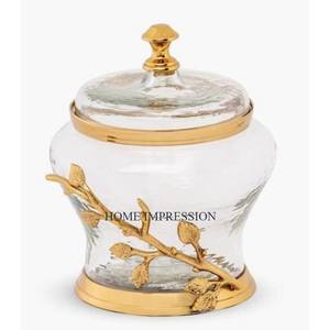 Solid Brass Gold Color Clear <b>Glass</b> Sugar <b>Jar</b> Canister Trending Designing Kitchen Storage Canister Round Shape Container in India - Product Image 2