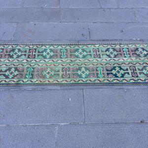 Vintage <b>Runner</b> Rug 1.7x11.5 ft, Blue <b>Green</b> Ikat Rug Wool - Product Image 3