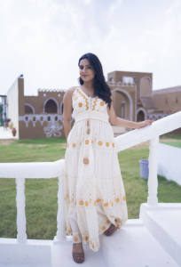 White <b>Bohemian</b> Smocked <b>Maxi</b> <b>Dress</b> Gold Star Embroidery V Neck Tiered Resort <b>Dress</b> Ethereal Summer Party Outfit for Her - Product Image 4