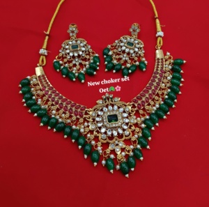 Conjunto de Collar chapado en oro del sur de la India tradicional antiguo con pendientes de piedra y joyería con tachuelas de perlas para mujer chica boda - Product Image 2
