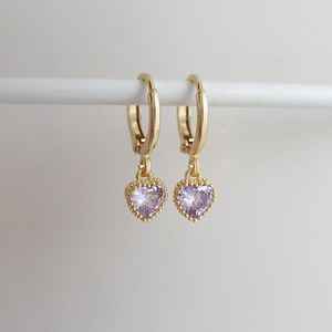 Boucles d'oreilles créoles vintage en argent sterling 925 plaqué or 14 carats avec charme en forme de cœur violet améthyste clair, bijoux de mariage et de fête - Product Image 6