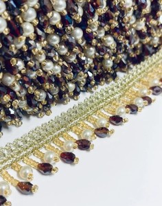 Maroon Droplets, Pearls Beaded Lace <b>Trim</b> Sew-on, Saree <b>Tassel</b>, Bridal belts, Wedding Dress, Lamp Shade & Curtain Edges - Product Image 1