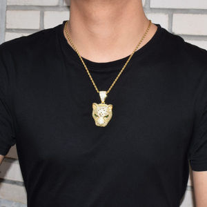 Hip Hop Style 10kt Solid Gold Men's Necklace with Leopard <b>Head</b> Pendant Cut Moissanite Diamonds Animal Design Silver Jewelry - Product Image 2