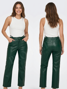 Pantalons en cuir de veau pour femmes, nouvelle collection 2026, taille basse, détails de sangles, plaque de logo en cristal, jambe droite, pantalon en cuir à panneaux - Product Image 6