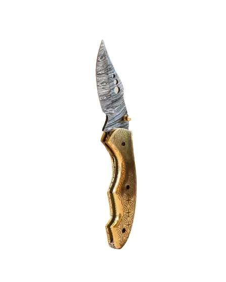 الأكثر مبيعًا سكين صغير ذهبي قابل للطي عالي الجودة مخصص لجيب دمشقي مع حافظة جلدية ومقبض قرن الأيل