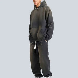 Heavyweight Acid Wash Vintage Sweat Suits Tracksuits for Men Hooded Collar Plain Blank Clothing Set-Sweatpants and <b>Hoodie</b> - Product Image 1