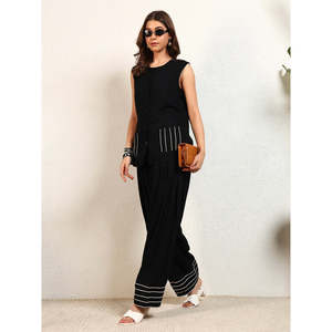 Deebaco Women's <b>Black</b> Sleeveless Casual O-Neck Loose Fit Top With Striped Ankle <b>Pants</b> 2-Piece Co-Ord Set Western Wear Outfit - Product Image 1