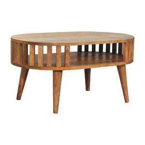 Elegant Modern Artisan Crafted Oval Coffee Table Durable Mango <b>Wood</b> with <b>Slatted</b> Gallery Tapered Legs for Living Spaces - Product Image 2