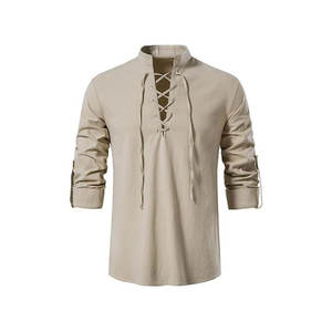 Camisa jacobita de lino de diseño escocés con escote con cordones para recreaciones y trajes casuales de otoño - Product Image 1