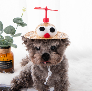 ELEVE Divertido Sombrero de Sol de Paja Tejida con Patrón Geométrico y Hélices para Perros y Gatos, Ajustable, Lindo Disfraz de Animal de Dibujos Animados para Fotos de Verano - Product Image 5