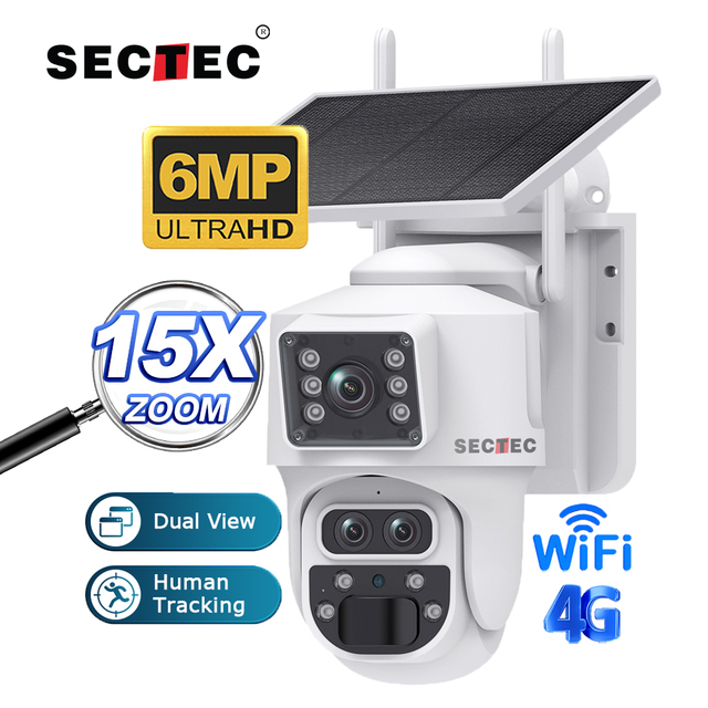 SECTEC 3K CCTV Network Camera 15X Zoom 4G Sim Card Outdoor Security Solar Battery System Night Vision Alarm Linkage Mini Camera
