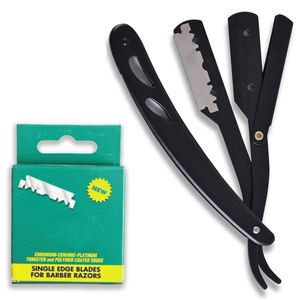 Black Professional Straight Edge Razor <b>Kit</b> - Includes 100 Single Blades - Stainless Steel Barber Razor - Disposable Blade - Product Image 1