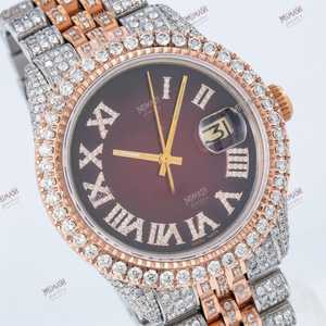 Montre en diamant moissanite bicolore à quartz de luxe de qualité supérieure avec cadran en chiffres romains Sunburst Wine Red - Product Image 4