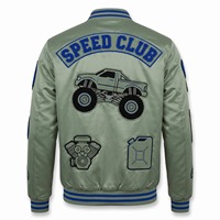 Blouson Bomber en Satin Personnalisé pour Homme Vert Sauge Bleu Royal avec Patch Chenille Monster Truck Brodé Logo Personnalisé OEM