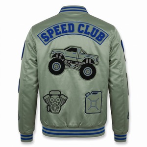 Blouson Bomber en Satin Personnalisé pour Homme Vert Sauge Bleu Royal avec Patch Chenille Monster Truck Brodé Logo Personnalisé OEM - Product Image 2