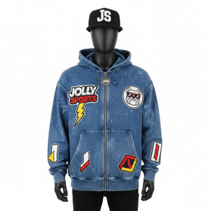 Sweat à capuche zippé Premium 350 GSM en tissu polaire doux bleu délavé, avec patchs brodés personnalisés et appliqués, Sweat à capuche zippé Screen Basics - Product Image 1