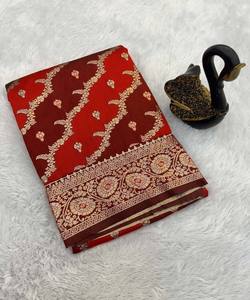 BANARASI MODA SEDA DORADA ZARI TEJIDO SAREE CON BLUSA SIN COSTAR FESTIVAL PRECIO AL POR MAYOR ROPA ÉTNICA - Product Image 3