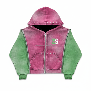 Sudadera con capucha gruesa de lana con cremallera de 400 GSM, ropa de invierno gruesa, tela de algodón y poliéster, panel de dos tonos, Sudadera con capucha básica con logotipo personalizado rosa y verde - Product Image 1