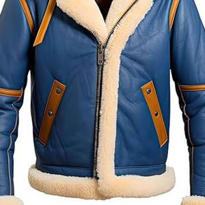Custom <b>Men's</b> Blue <b>Shearling</b> Leather <b>Jacket</b> Warm Fur Lined Aviator Bomber Winter Coat Zip Up Motorcycle Outerwear - Product Image 2
