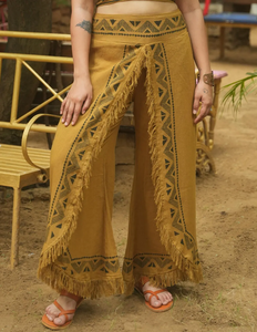 Pantalones Palazzo de algodón orgánico con estampado de bloques a mano, cintura elástica con flecos bohemios, estilo informal de pierna ancha, tipo de cintura media, estampado de algodón 100% - Product Image 1