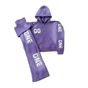 Chándal con cremallera y logo bordado personalizado para hombre, con pantalones deportivos acampanados, estilo streetwear unisex, de alta calidad y tela gruesa. - Product Image 2