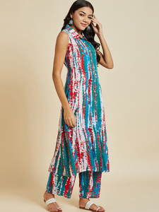 Nouveauté : Kurtis Rama pour femmes, prêt-à-porter, multicolores, imprimé tie-dye, col en V, coupe trapèze, en rayonne pure, avec pantalon palazzo assorti, vente en gros OEM - Product Image 5