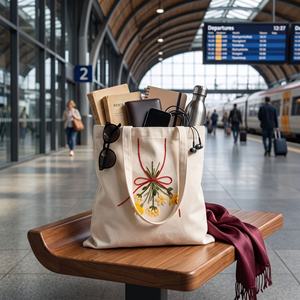 Bolsa de Mano de Algodón Ecológica Personalizada con Estampado de Letras y Ramo de Flores Silvestres, Bolsa de Hombro Grande para Uso Diario y Regalo - Product Image 1
