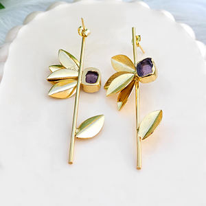 Pendientes Largos de Diseño con Hoja de Amatista Natural sin Cortar, con Varilla de Latón, Chapados en Oro de 18k, para Mujer - Product Image 2
