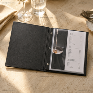 Cubierta de Menú DIVRIS DRL-109 de Cuero PU Negro con Anillas Metálicas para Restaurantes y Hoteles, Color y Tamaño Personalizables, Capacidad para Múltiples Páginas - Product Image 2