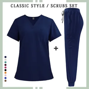 Uniformes médicos superventas setsStand cuello manga corta lavable elástico Scrub cómodo ajuste ropa de trabajo clínica uniformes - Product Image 6