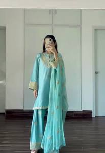 Costume en soie brute brodée robe traditionnelle pakistanaise femmes vêtements ethniques mode culturelle Shalwar Kameez fabriqués à la main - Product Image 4
