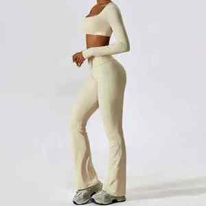 OEM Nude Feeling Women's Yoga Set 4-Way Stretch Breathable Long Sleeve <b>Crop</b> Top & High Waist <b>Leggings</b> - Product Image 5