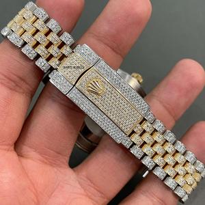 Luxury Antique Two Tone Moissanite Iced <b>Watch</b> VVS Diamond Look Glass Dial 20mm Band Stainless Steel Dual Movement Eco-Friendly - Product Image 2