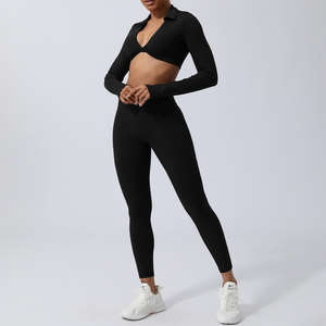 Conjunto Deportivo Ligero para Mujer, Top Corto con Cuello en V y Manga Larga con Leggings de Cintura Alta, Ropa Deportiva - Product Image 3