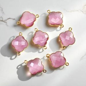Double Bail <b>Clover</b> Shape Pink Monalisa Gemstone Charm Connector DIY Lucky Charms Jewelry - Product Image 1