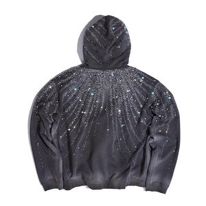 Custom Heavyweight Oversized <b>Hoodie</b> Men <b>Vintage</b> Embroidery Acid Wash Full Rhinestones <b>Zip</b> <b>Up</b> Hoodies & Sweatshirts - Product Image 3