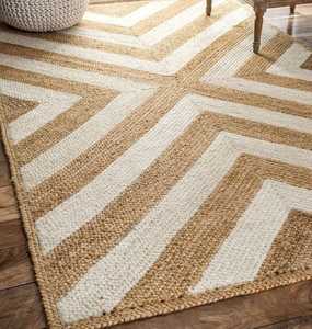 Tapis en jute tressé géométrique moderne, écologique, antidérapant, design tissé blanc, fabrication mécanique, poils plats, teinture écologique - Product Image 1